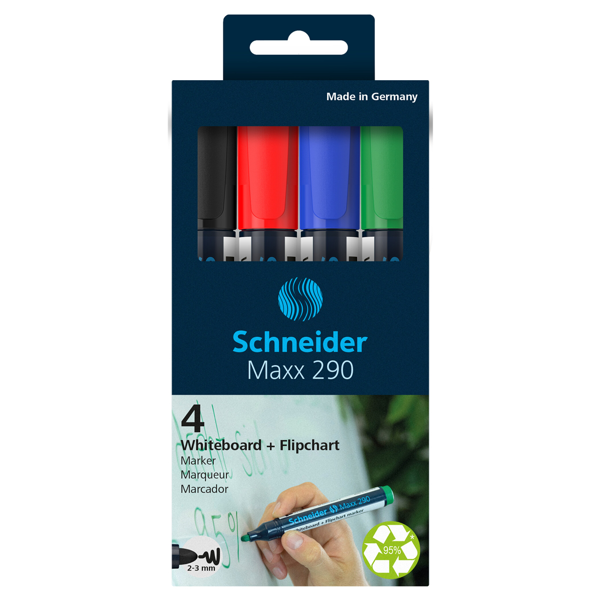 Набор маркеров для белых досок и флипчартов Schneider "Maxx 290" 04цв., пулевидный, 3мм, прозр. чехол