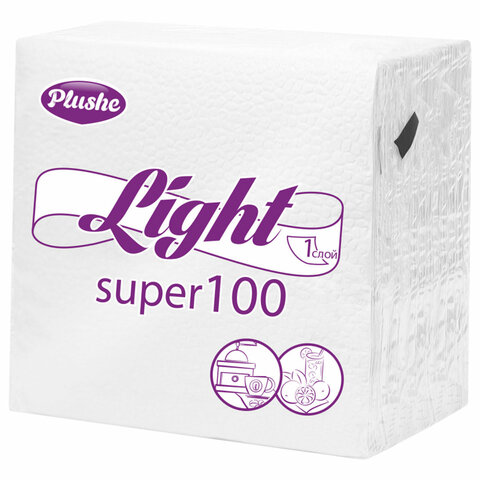 Салфетки бумажные 90 штук, 22,5х22,5 см., PLUSHE Light, белые, 100% целлюлоза, ш/к 010348