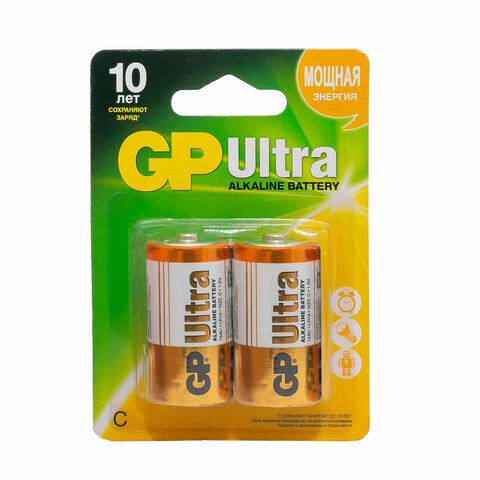 Батарейки GP Ultra, С (LR14, 14А), алкалиновые, КОМПЛЕКТ 2 шт, блистер, 14AU-2CR2