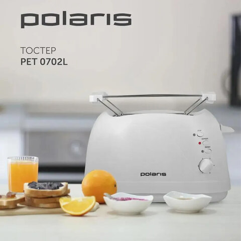 Тостер POLARIS PET 0702L, 750Вт, 2 тоста, 6 режимов, механическое управление, пластик, белый