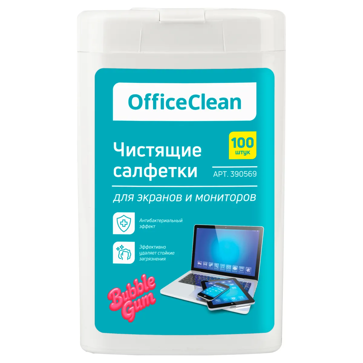 Влажные портативные чистящие салфетки OfficeClean для экранов и мониторов, 100шт. (малая плоская туба), бабл-гам