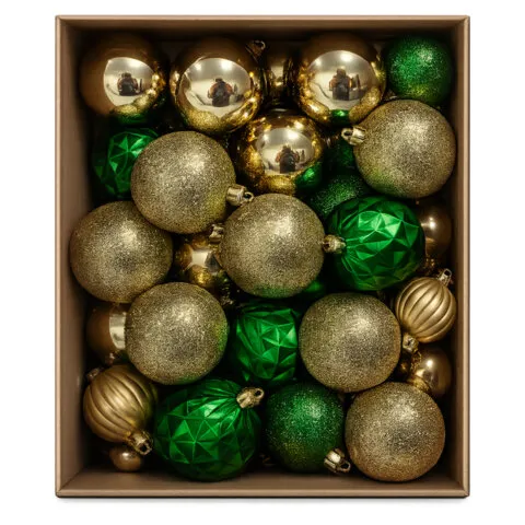 Шары ёлочные, НАБОР 50 предметов "Golden&Green", пластик, золото/зеленый, ЗОЛОТАЯ СКАЗКА, 592896
