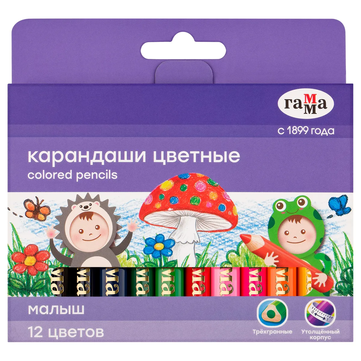 Карандаши цветные Гамма "Малыш", 12цв., утолщенные, укороченные, заточен., картон. упак., европодвес