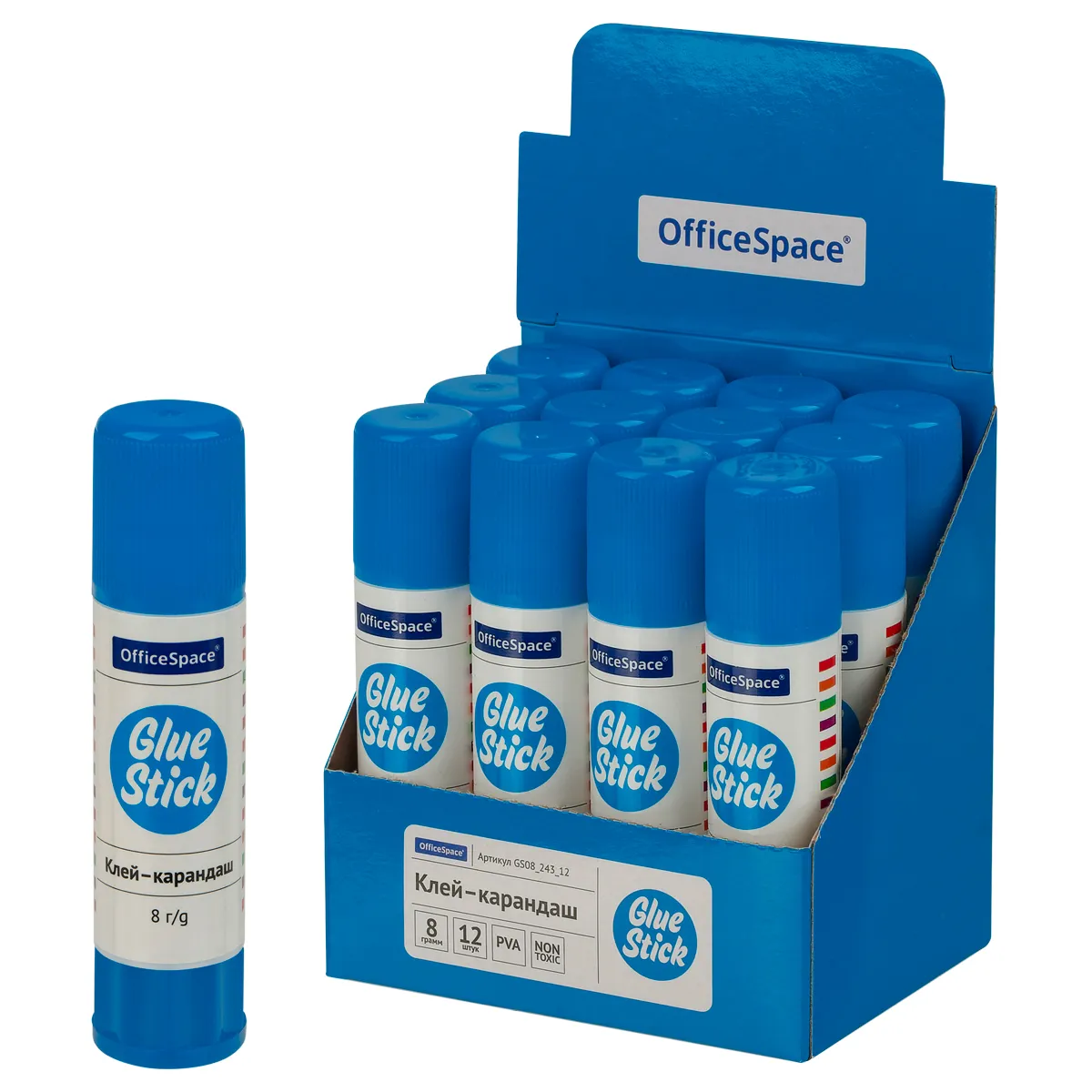 Клей-карандаш OfficeSpace, 08г, дисплей, ПВА_1