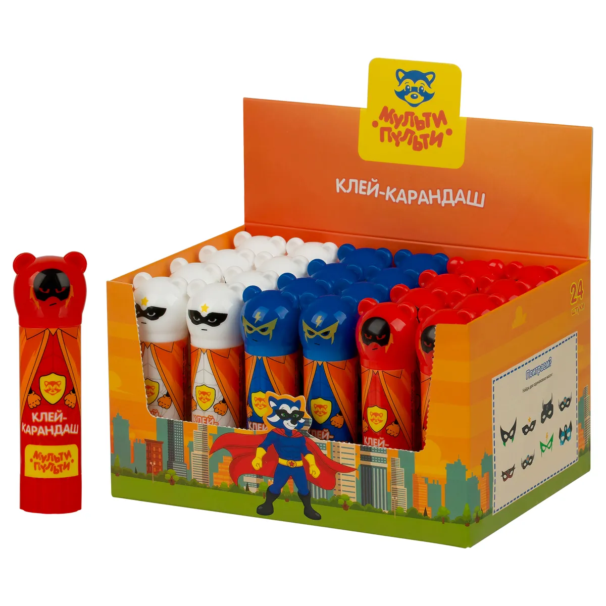 Клей-карандаш Мульти-Пульти "Супергерои", 09г, фигурный колпачок, ПВП, дисплей бокс, ассорти