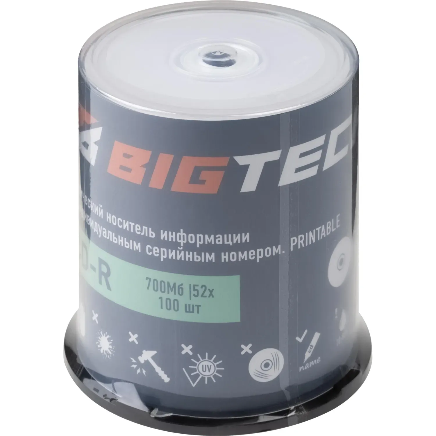Носители информации Bigtech YCDRP001,Printable,CD-R 700МБ 52x 100шт/уп бокс