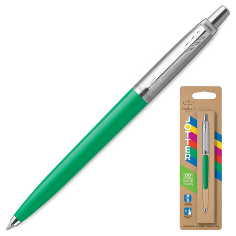 Ручка шариковая PARKER "Jotter Orig Green", корпус зеленый, детали нержавеющая сталь, блистер, синяя, 2076058