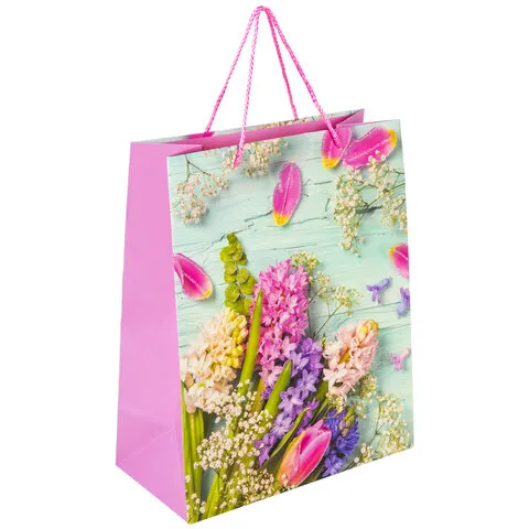 Пакет подарочный 26,5x12,7x33см ЗОЛОТАЯ СКАЗКА "Spring Flowers", глиттер, розовый с голубым, 608247