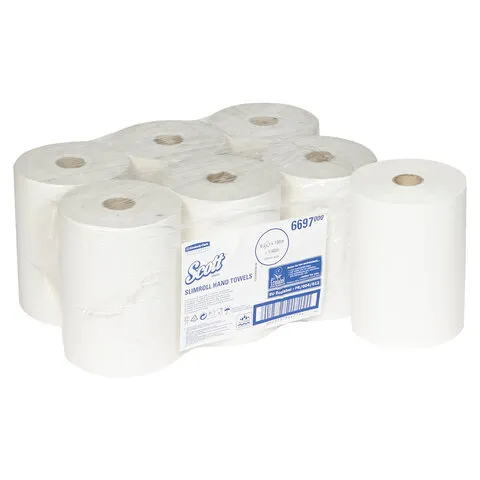 Полотенца бумажные рулонные KIMBERLY-CLARK Scott, КОМПЛЕКТ 6 шт., Slimroll, 190 м, белые, 6697