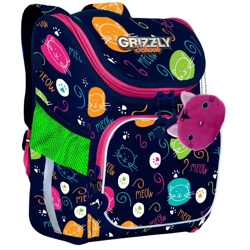 Ранец Grizzly, 26*35*16см, 1 отделение, 3 кармана, укрепленная спинка, котики мяу