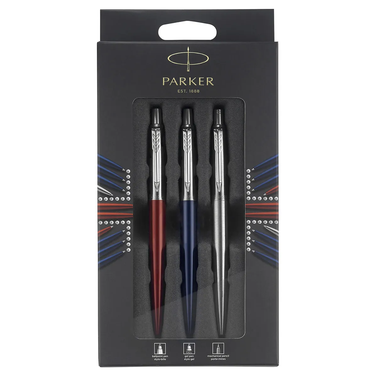 Набор Parker "Jotter London Trio": шариковая ручка + гелевая ручка + механический карандаш, подарочная упаковка, европодвес