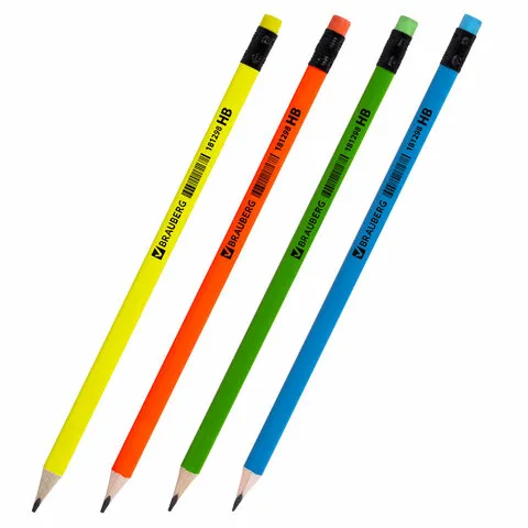 Карандаш чернографитный BRAUBERG, 1 шт., "Neon", HB, трехгранный, с резинкой, корпус неоновый ассорти, заточенный, 181298