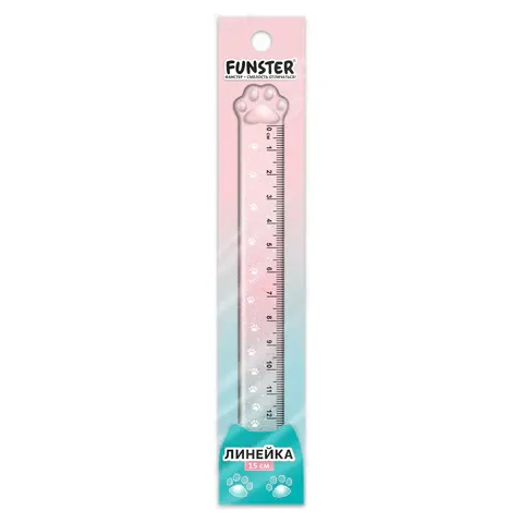 Линейка пластиковая 15 см, FUNSTER, "ЛАПКА", прозрачная, европодвес, 210919