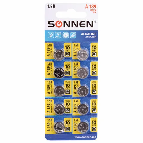 Батарейка алкалиновая "таблетка" 1шт SONNEN Alkaline 189A (G10, LR54) блистер, отрывной блок, 455602