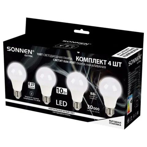 Лампа светодиодная SONNEN EXTRA, 10 (85) Вт, КОМПЛЕКТ 4 шт., Е27, нейтральный белый, 30000 ч, LED A60-10W-4000-Е27, 457893