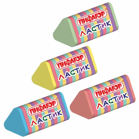 Ластик трехгранный ПИФАГОР "ЭНИКИ-БЕНИКИ", 35х18х18 мм, картонный держатель, ассорти, 272668