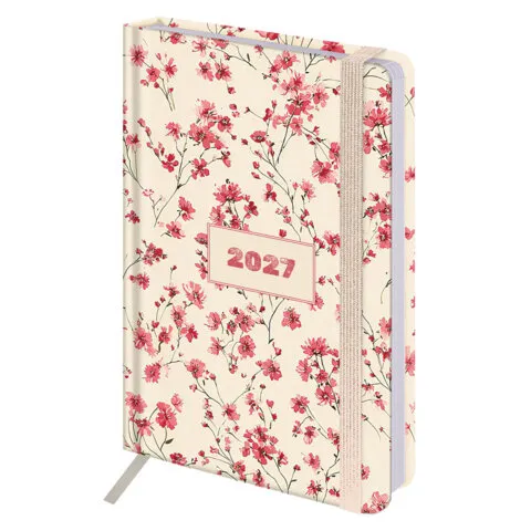 Ежедневник датированный 2027 с резинкой, 145х203 мм, А5, BRAUBERG, твердый, "Flower pattern", 117831