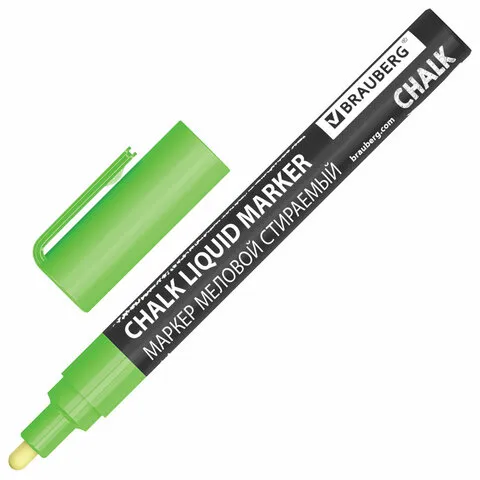 Маркер меловой CHALK LIQUID MARKER, ЗЕЛЕНЫЙ, 3 мм, стираемый, BRAUBERG "CHALK", 152587