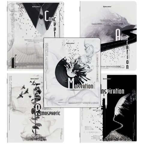 Тетради ДЭК А5 48 л. КОМПЛЕКТ 5 шт. BRAUBERG скоба, клетка, матовая ламинация, BLACK&WHITE, 404963