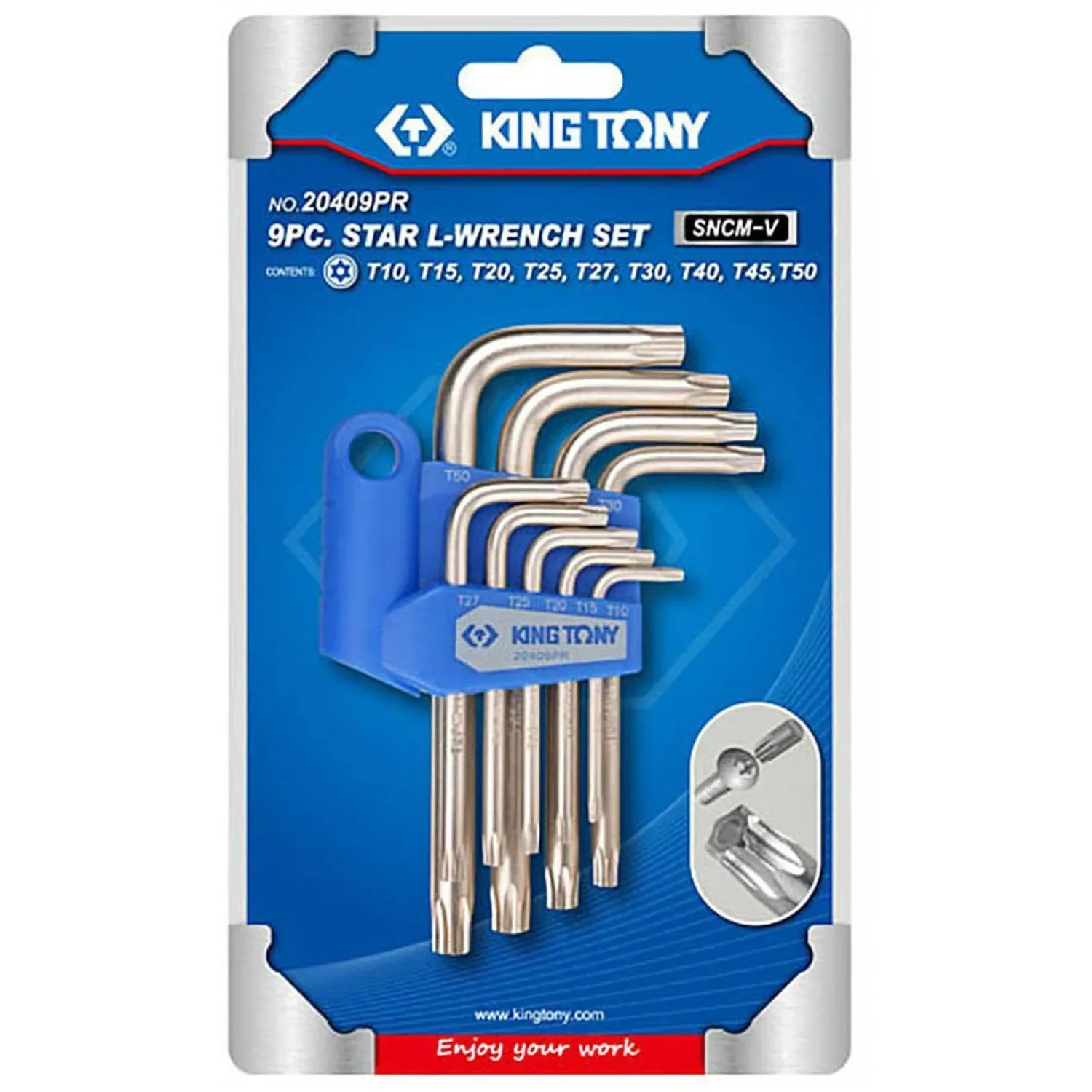 Набор ключей Г-обр. Torx,T10H-T50H,корот.,с отв.,9предм.KING TONY,20409PR