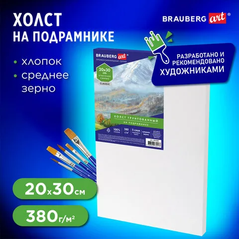 Холст на подрамнике 20х30 см, 380 г/м2, грунтованный, 100% хлопок, BRAUBERG ART, 192194