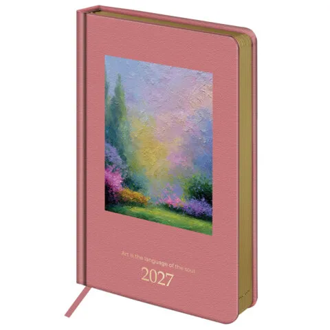 Ежедневник датированный 2027, А5, 138х213 мм, BRAUBERG "ArtGallery", под кожу, нашивка, розовый, 118023