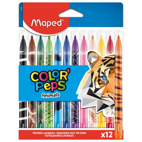 Фломастеры MAPED (Франция) "Animals" 12 цветов, смываемые, вентилируемый колпачок, 845403