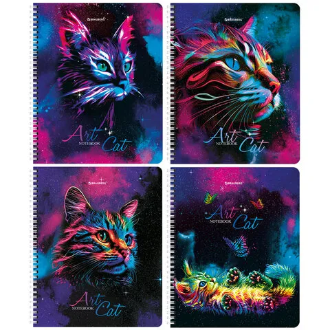 Тетради ДЭК А5 48 л. КОМПЛЕКТ 4 шт., BRAUBERG, гребень, клетка, TWIN лак, "Neon Cats", 404660