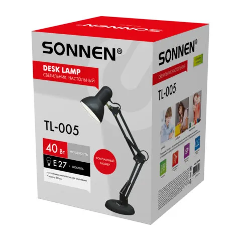 Настольная лампа-светильник SONNEN TL-005, подставка, 40 Вт, Е27, черный, высота 50 см, 237646