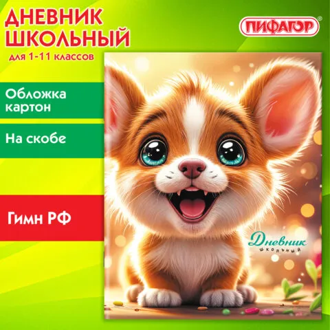 Дневник 1-11 класс 40 л., на скобе, ПИФАГОР, обложка картон, Собачка, 107134