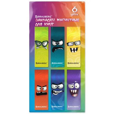 Закладки для книг МАГНИТНЫЕ, "МОНСТРИКИ", набор 6 штук, 60x20 мм, BRAUBERG, 116995