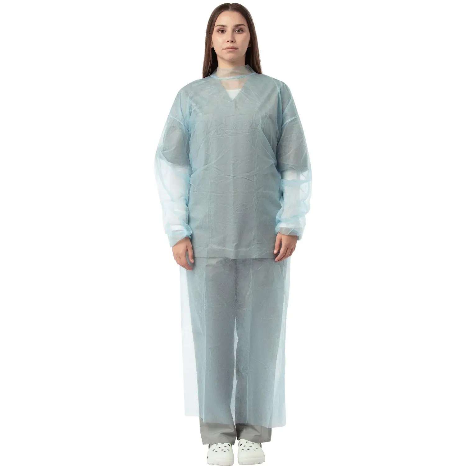 Халат н/с , на завязк, рук.рез, дл.140см, XL, пл 25, голуб, 10 шт/уп