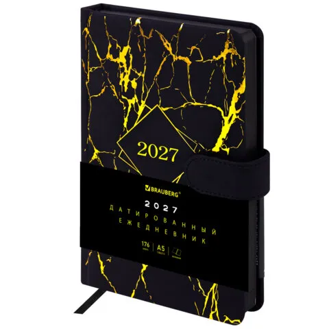 Ежедневник датированный 2027, А5, 138x213 мм, BRAUBERG "Goldy", под кожу, магнитная застежка, цветной срез, черный, 117898