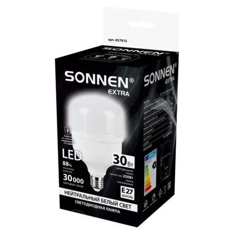Лампа светодиодная SONNEN EXTRA, 30 (250) Вт, Е27, цилиндр, нейтральный белый, 30000 ч, LED Т100-30W-4000-Е27, 457915