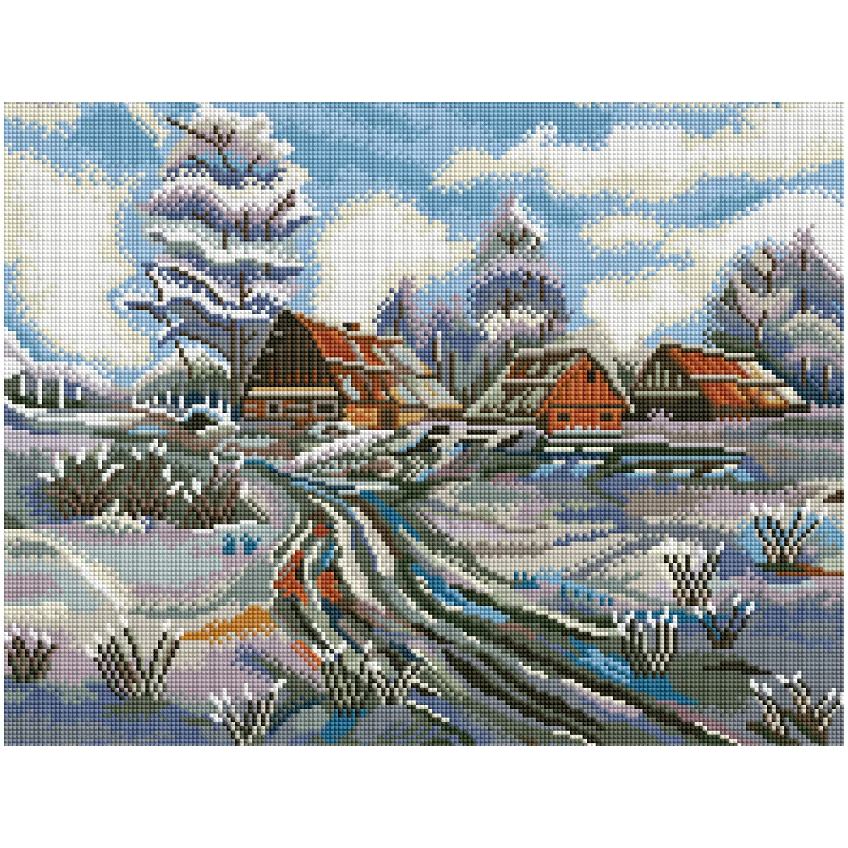 Алмазная мозаика ТРИ СОВЫ "Зима в деревне", 40*50см, холст на деревянном подрамнике, картонная коробка с пластиковой ручкой