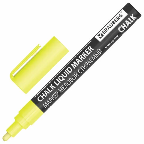 Маркер меловой CHALK LIQUID MARKER, ЖЕЛТЫЙ, 3 мм, стираемый, BRAUBERG "CHALK", 152590