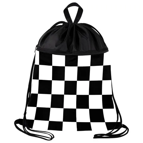 Мешок для обуви BRAUBERG БОЛЬШОЙ, с ручкой, карман на молнии, сетка, 49х41 см, "Black and white", 273452