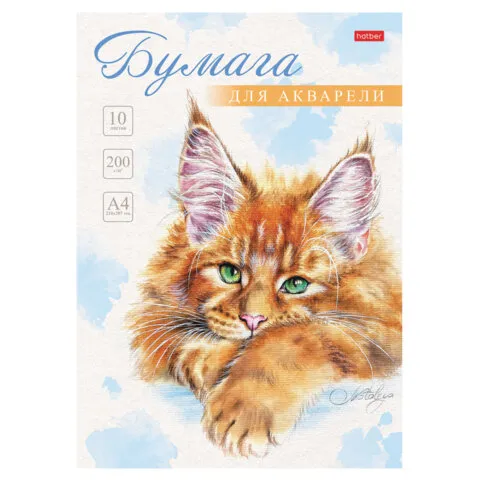 Папка для акварели А4, 10л., 200 г/м2, 210х297мм, HATBER, Рыжий котик, 086706, 10Ба4тВ_29844