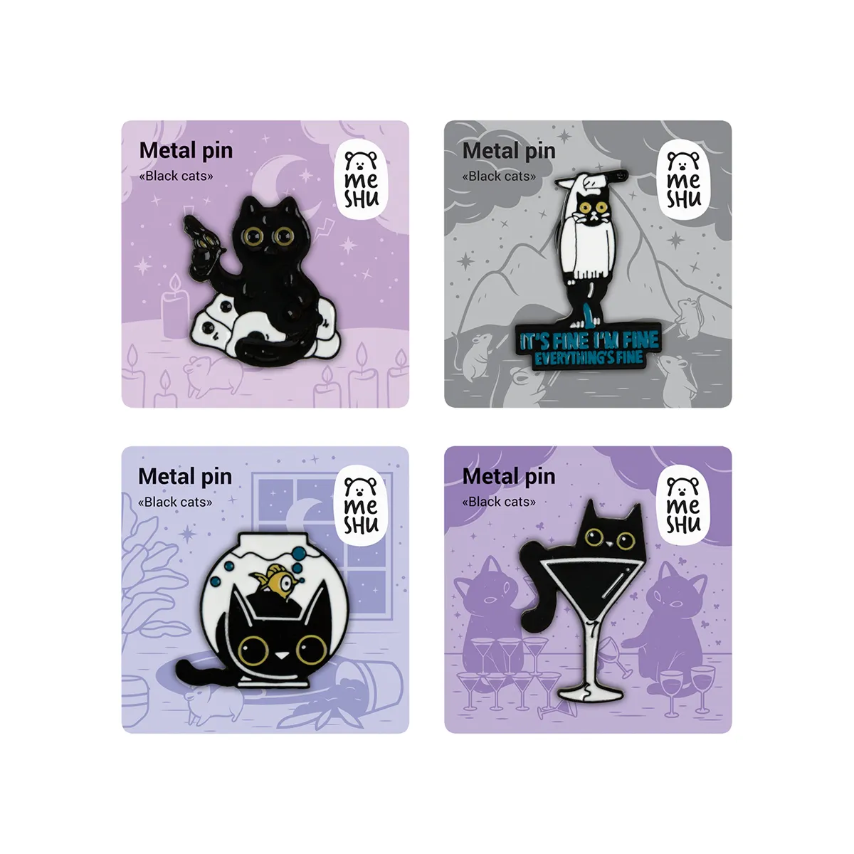 УЦЕНКА - Набор металлических значков MESHU "Black cats", эмаль, 4шт, картонная подложка, европодвес