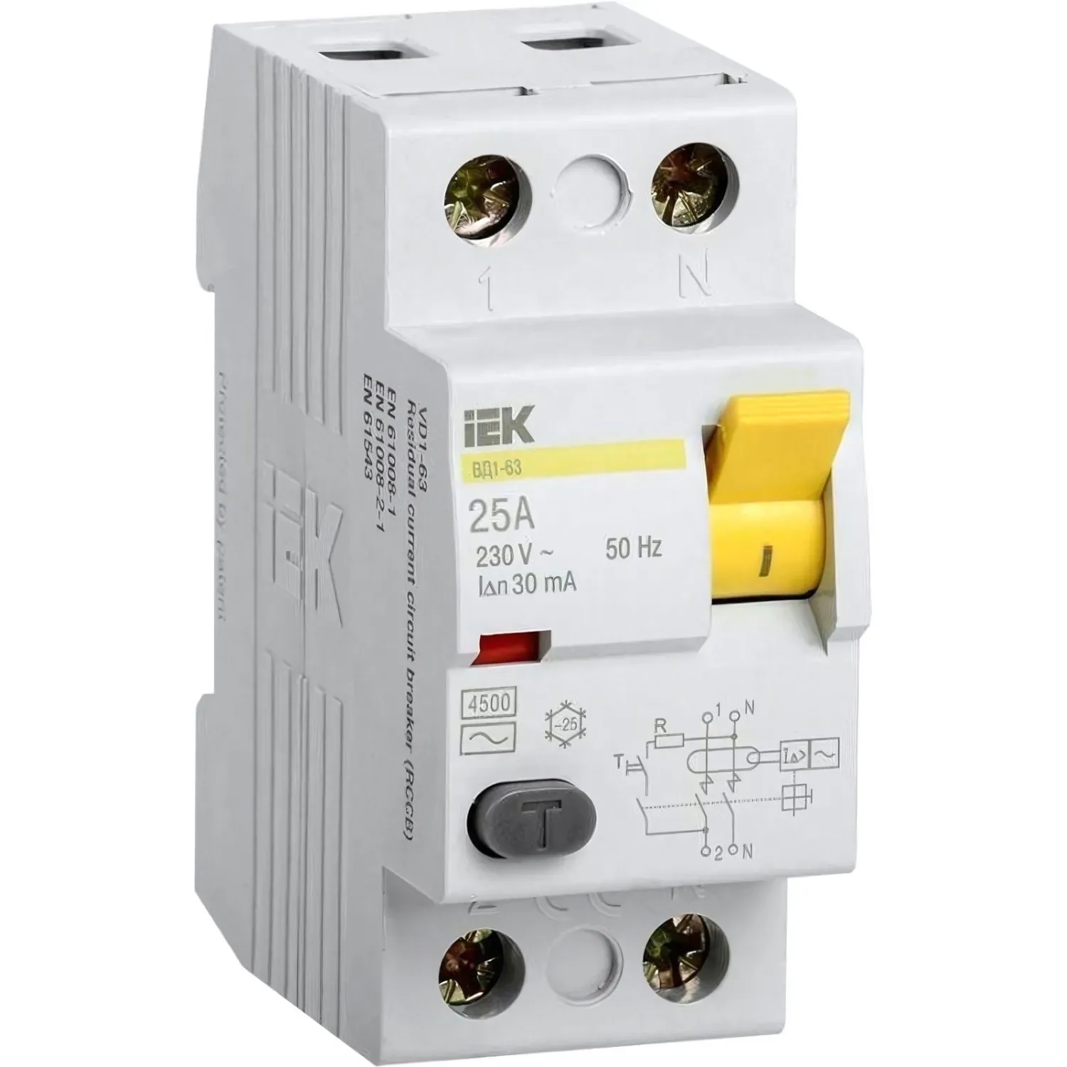 УЗО выключатель диф. тока IEK ВД1-63 2п 25А 30мА тип AC MDV10-2-025-030