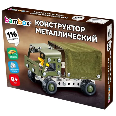 Конструктор металлический "Военный грузовик", с подвижными деталями, 116 элементов, BAMBOX, 666362