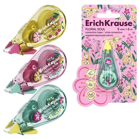 Корректирующая лента ERICH KRAUSE Floral Soul, 5мм х 6м, корпус ассорти, блистер, евр, 62738