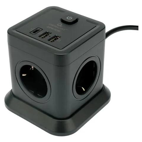 Сетевой фильтр CABLEXPERT Tower, 4 розетки, 10 А, 1 x Type-C PD, 20 Вт, 2 х USB, 2 м, черный, TWR-4-CU2-B-2