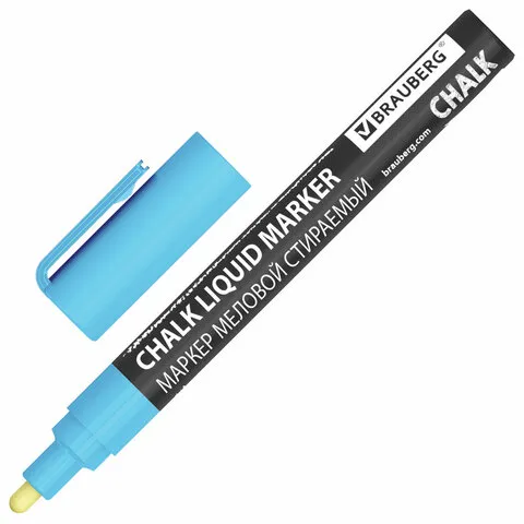 Маркер меловой CHALK LIQUID MARKER, СИНИЙ, 3 мм, стираемый, BRAUBERG "CHALK", 152592