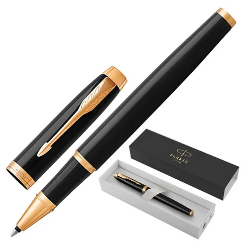 Ручка-роллер PARKER "IM Core Black Lacquer GT", корпус черный глянцевый лак, позолоченные детали, черная, 1931659