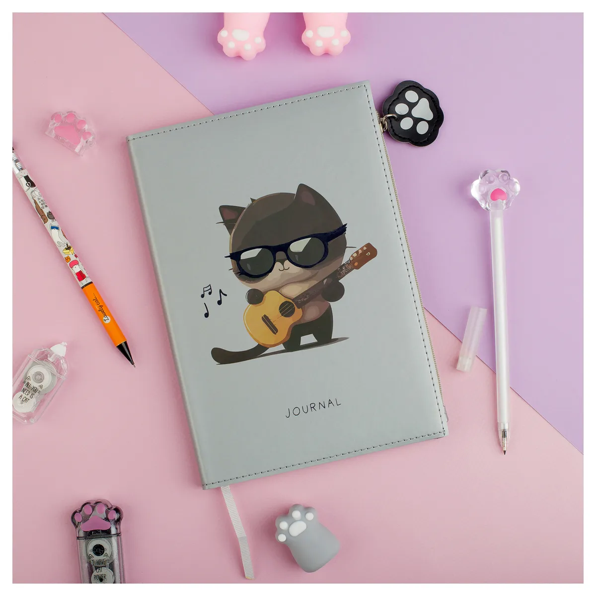 Ежедневник недатированный A5, 136л., кожзам, MESHU "Сat melody", тон. блок, карман на молнии с брелком, закладка-ляссе
