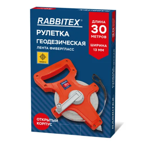 Рулетка геодезическая 30 м х 13 мм, лента фибергласс, открытый корпус, RABBITEX (РАББИТЕКС), 671367
