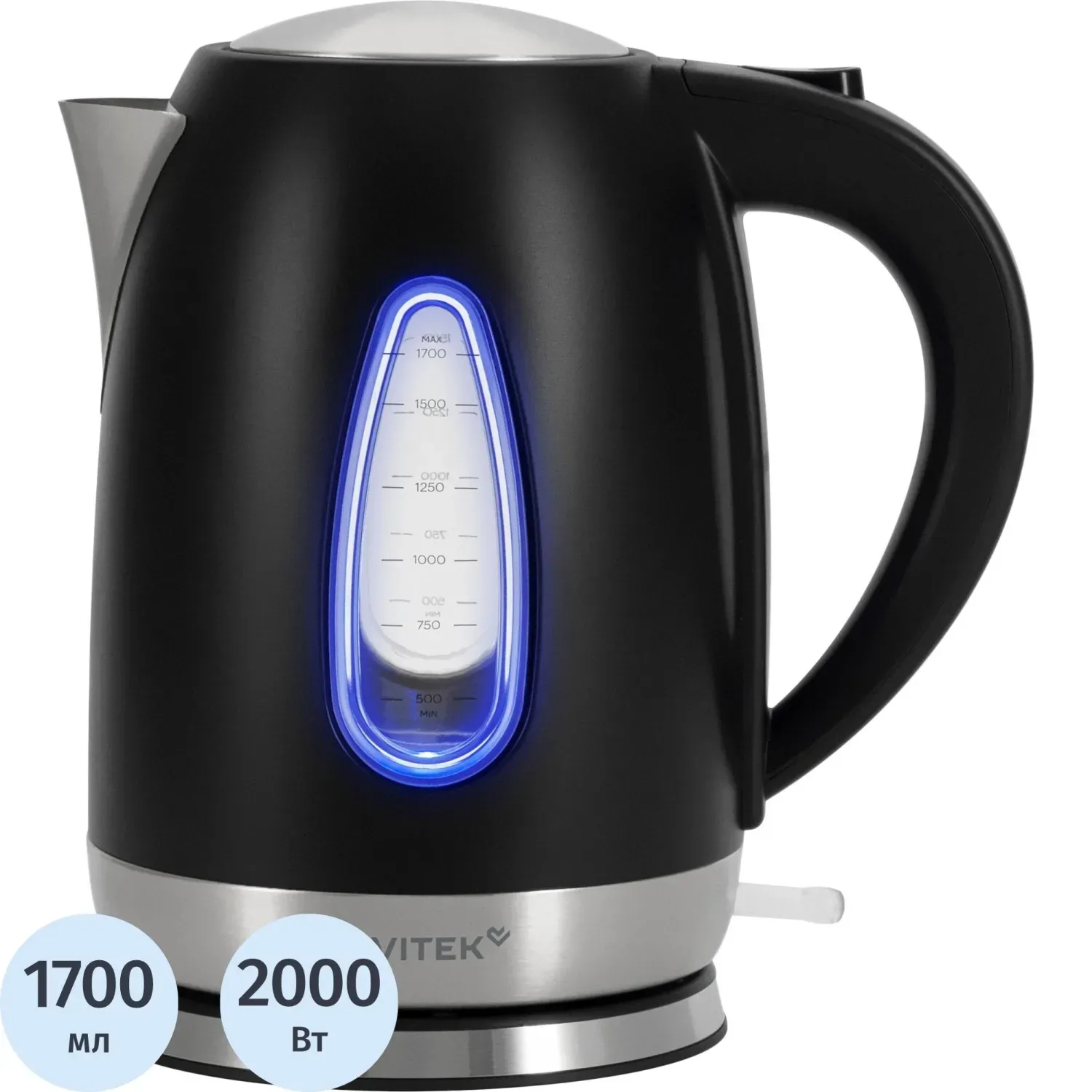 Чайник Vitek VT-WK1065 1.7л. 2000Вт черный/серебристый корп.:металл