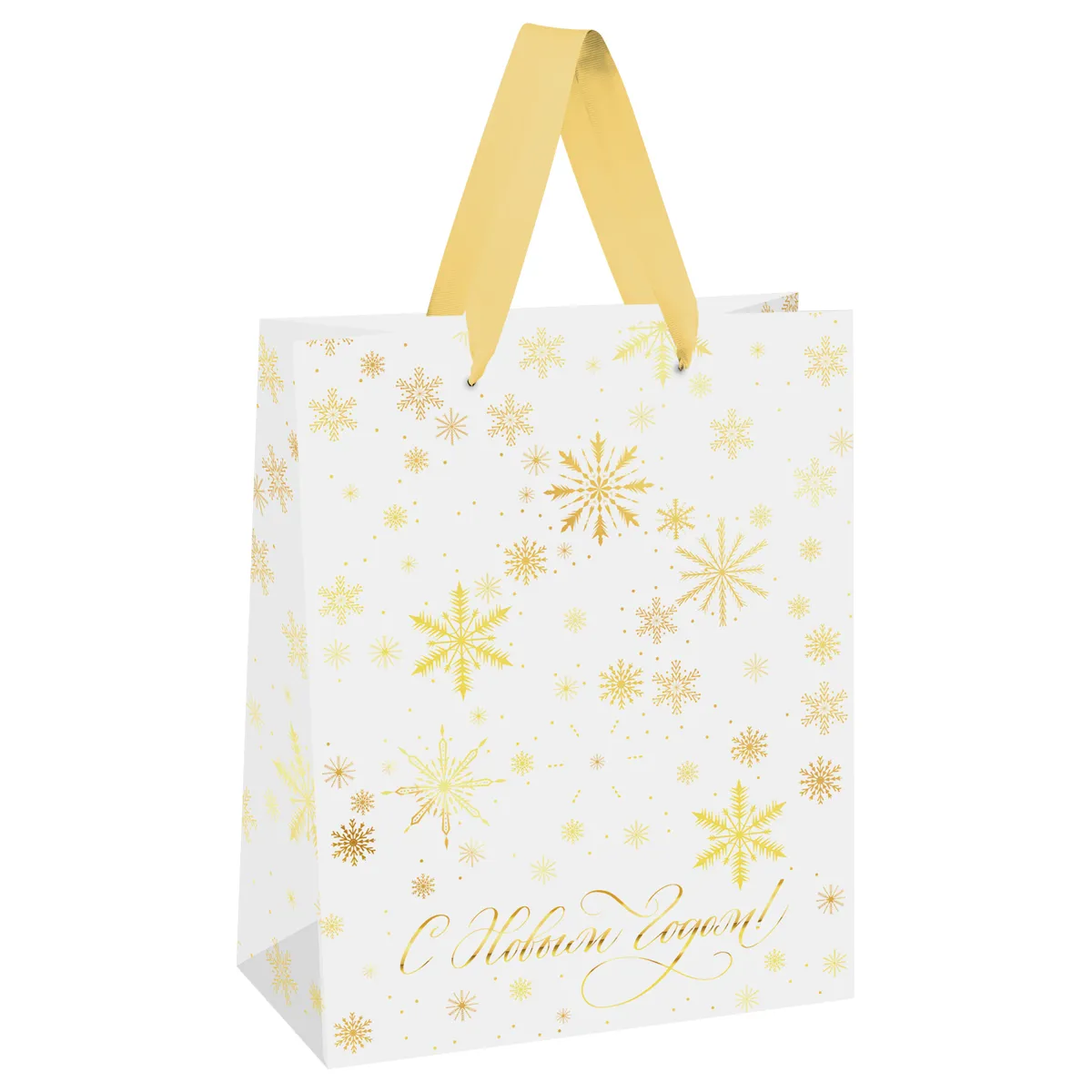 Пакет подарочный 26*32*12см MESHU "Gold snowflake", фольга, матовая ламинация
