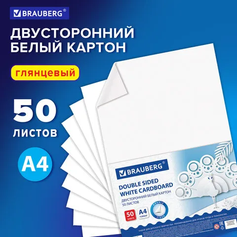 Картон белый А4 МЕЛОВАННЫЙ EXTRA (белый оборот), 50 листов, в пленке, BRAUBERG, 210х297 мм, 113562